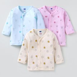 Simply Interlock Knit Full Sleeves Front Open Vests with Panda & Bear Print Pack of 3 - Blue Cream & Pink-29