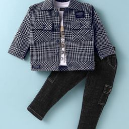 Robo Fry Knit Full Sleeves Checks Shirt & Trouser Set With Text Printed Inner Tee - Navy Blue-image-85
