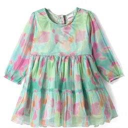 Babyhug Woven Full Peasant Sleeves Tie & Dyed Tiered Flared Frock - Sea Green-picture-18