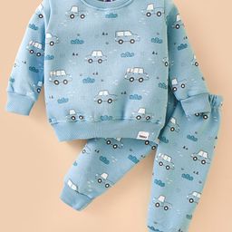 Teddy Fleece Knit Full Sleeves Winter Wear Sweatshirt & Pant Set with Car Print - Light Blue-image-79