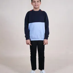 Kiddopanti Fleece Full Sleeves Cut & Sew Sweatshirt With Solid Jeans Set - Navy Blue & Black-picture-25