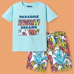 Pine Kids Single Jersey Knit Half Sleeves Night Suit With Text & Leaf Print - Light Blue-image-28