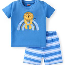 Babyhug Cotton Knit Half Sleeves Shorts Night Suit with Stripes & Lion Print - Blue-image-91