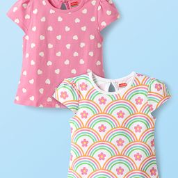 Babyhug Cotton Knit Half Sleeves T-Shirts with Heart & Floral Print Pack of 2 - Pink & White-image-77