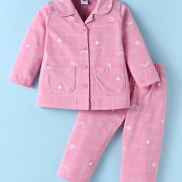 Teddy Sinker Knit Full Sleeves Peter Pan Collared Night Suit with Hearts & Stars Print - Pink-image-26