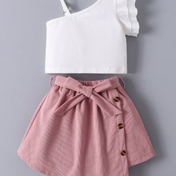 Mark & Mia Cotton Sleeveless Solid Color Top Skirt Set and Belt with Stripes - White & Pink-image-6