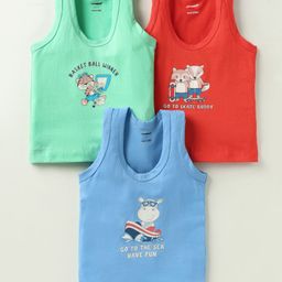 CUCUMBER Sinker Knit Sleeveless Animal & Sports Theme Printed Vests Pack Of 3 - Red Green & Blue-image-10