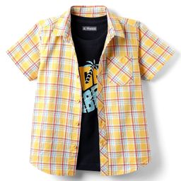 Pine Kids Cotton Woven Half Sleeves Checks Shirt With Sleeveless Text Printed T-Shirt - Yellow Orange & Navy Blue-image-68