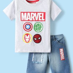 Babyhug Marvel Single Jersey Knit Half Sleeves T-Shirt & Shorts Set With Avengers Graphics - Grey & Blue-image-52
