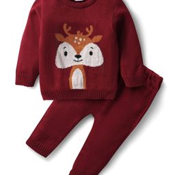 Babyhug Knitted Full Sleeves Sweater Set with Deer Design - Maroon-picture-18