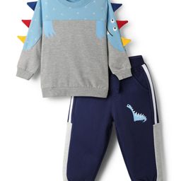 Mark & Mia Terry Knit Full Sleeves Cut & Sew Winter Wear T-Shirt & Pant Set With Dino Print & Spikes Detailing - Light Blue & Grey-image-98