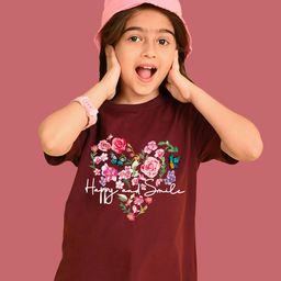 NUSYL Cotton Blend Half Sleeves Heart Designed Floral Printed Oversized Tee - Wine-image-1