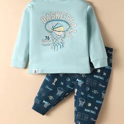 CUCUMBER Sinker Knit Full Sleeves T-Shirt & Lounge Pant Set With Basketball Print - Light Blue-image-21