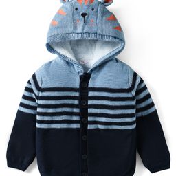 Babyhug Knit Full Sleeves Striped Hooded Front Open Sweater with Ear Applique - Light Blue-image-24