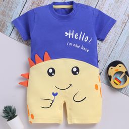 TOONYPORT Cotton Knit Half Sleeves Hello Text & Dinosaur Printed Romper - Yellow & Blue-image-96