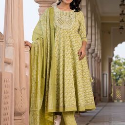 KALINI Floral Printed Mirror Work Anarkali Pure Cotton Kurta With Trousers & Dupatta-picture-18