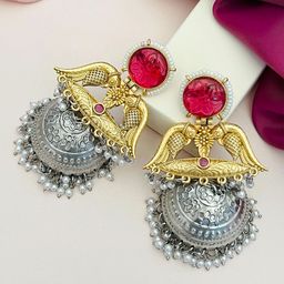 ABDESIGNS Gold-Plated Dome Shaped Stone Studded & Beaded Jhumkas-11