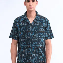 Flying Machine Men Cuban Collar Abstract Printed Cotton Casual Shirt-image-27
