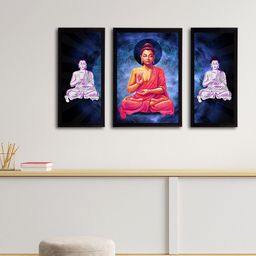 eCraftIndia Set of 3 Blue & Purple Meditating Lord Buddha Satin Matt Textured UV Art Paintings image 2