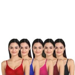 AROUSY Blue & Red Cotton Everyday Bras - Pack Of 5-image-94