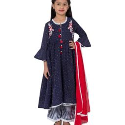 BIBA Girls Navy Embroidered Kurti & Pant With Dupatta-picture-38
