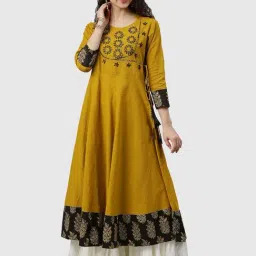YASH GALLERY Mustard Cotton Embroidered Flared Kurta-image-21