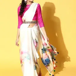 Blissta Cream Printed Saree With Unstitched Blouse-picture-3