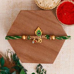 eCraftIndia Green & Golden Om & Peacock Feather Religious Rakhi for Brother-image-48