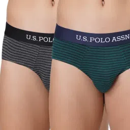 U.S. Polo Assn. Grey & Bistro Green Cotton Regular Fit Striped Briefs - Pack Of 2-image-96