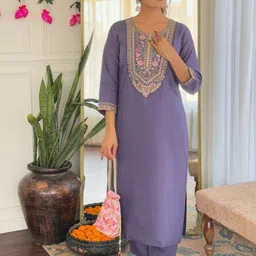 Growdamy Women Ethnic Motifs Embroidered Straight Kurta with Trousers & Dupatta-50