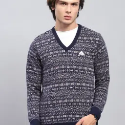 Monte Carlo Navy Blue Regular Fit Self Pattern Pullover image 1