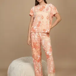 Sweet Dreams Peach Polyester Floral Short sleeve T-Shirt and Pyjama-image-3