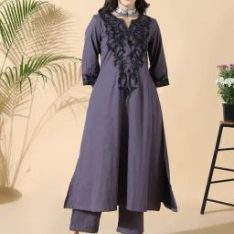 showoffff SHOWOFF Grey Cotton Embroidery Kurta Set-picture-47