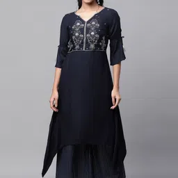 AURELIA Women Floral Yoke Design Regular Thread Work Kurta with Palazzos-53