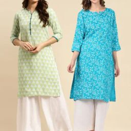 Rangita Lime Green & Turquoise Floral Print Straight Kurta - Pack OF 2-image-86