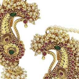 FEMMIBELLA Gold-Plated Artificial Stones Studded & Beaded Dome Shaped Jhumkas With Chain image 5