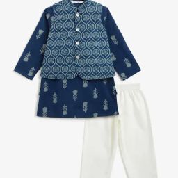 Campana Boys Navy Blue Cotton Regular Fit Floral Print Kurta Set-picture-24