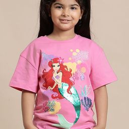 Kids Ville Girls Disney Princess Graphic Printed Round Neck Cotton Relaxed Fit T-shirt-57
