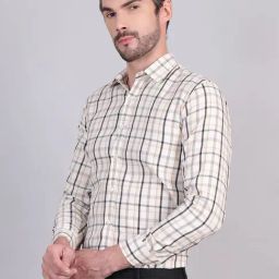 Indian Needle Cream Cotton Regular Fit Checks Shirt-image-4