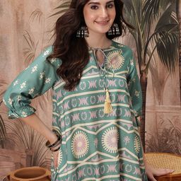 Sangria Printed Tie-Up Neck Kurta with Salwar-10