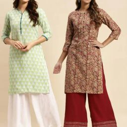 Rangita Lime Green & Rust Floral Print Straight Kurta - Pack OF 2-image-87