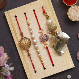 eCraftIndia Set of 4 Floral Pearl & Diamond Lumba Rakhis with Sibling Agreement & Roli Chawal Pack-image-77