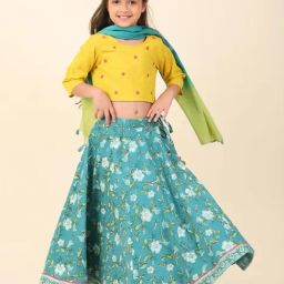 Fabindia Kids Yellow & Teal Embroidered Lehenga, Choli With Dupatta-image-86