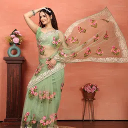 HERE&NOW Floral Embroidered Net Designer Saree image 5