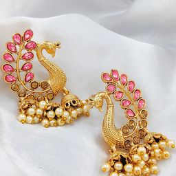 Saizen Gold-Plated Kundan Studded And Pearls Beaded Peacock Shaped Jhumkas-image-26