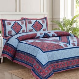 JAIPUR FABRIC Blue & Red Ethnic Printed 280 TC Cotton King Bedsheet Set 2.54 m x 2.74 m-3