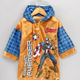 Babyhug Full Sleeves Hooded Raincoat Marvel Avengers Print - Blue Yellow-image-77