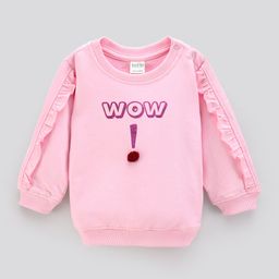 Bonfino Cotton Knit Full Sleeves Sweatshirt With Foil Print And Frill On Sleeves - Pink-picture-7