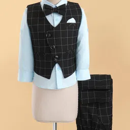 Robo Fry Woven Full Sleeves Checkered Party Suit with Bow Tie - Sky Blue & Black-image-68