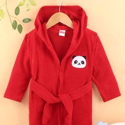 Babyhug Full Sleeves Cotton Bath Robe with Hood and Panda Embroidery - Red-10